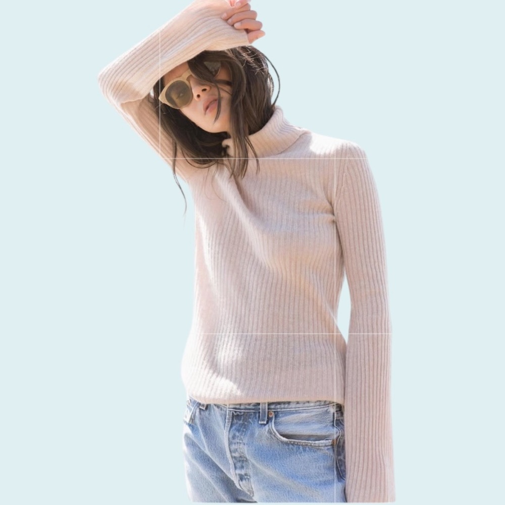 360 Cashmere Turtleneck Sweater Ribbed Neutral Beige Size Medium